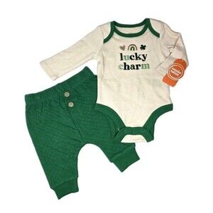 St Patricks Embroidered 2pc Lucky Charm Bodysuit Pant Set Long Sleeve Green 6-9M